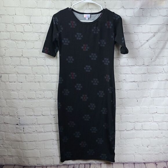 LuLaRoe Julia XS 2/4 Black Abstract Pokeball Knee Length Stretch T-Shirt Dress - Picture 11 of 11
